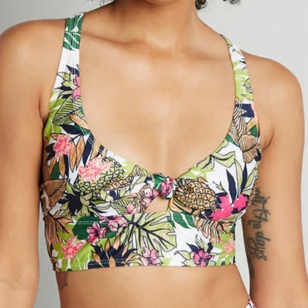 ModCloth The Annika Crop Bikini Top Green Pineapple Floral Swim Top Small